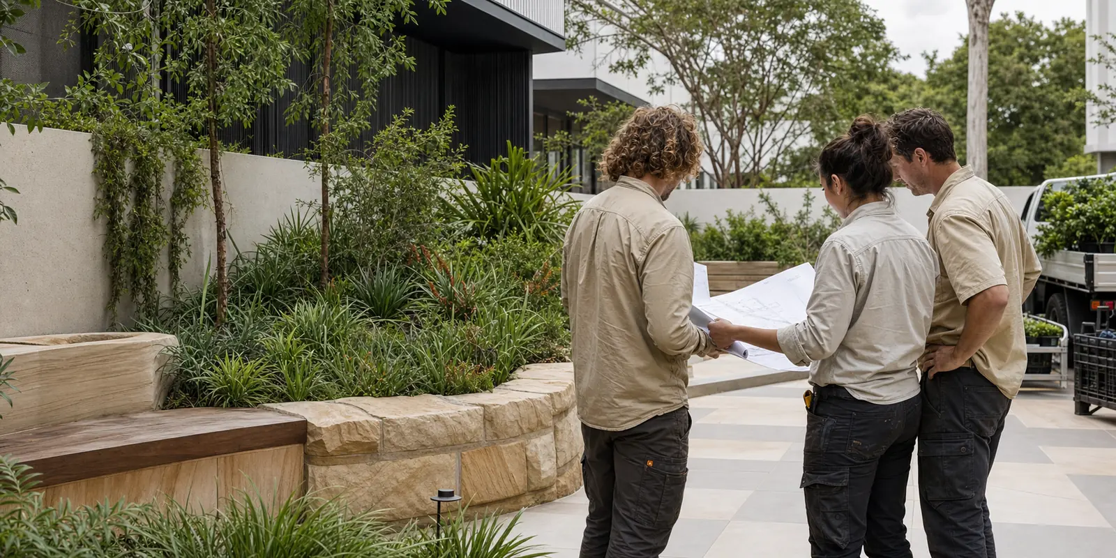 Landscape crew reviewing planting plans beside a completed Sydney garden