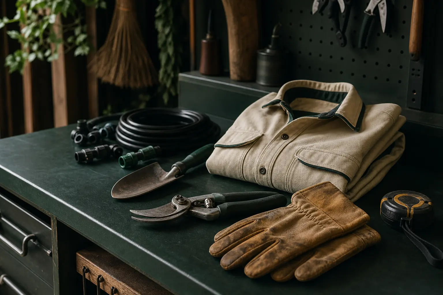 Professional landscape tools and workwear arranged on a workshop bench