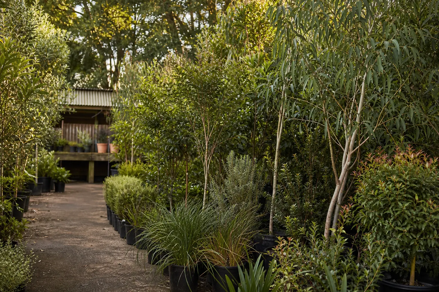 Rows of advanced native plants at a working Sydney nursery